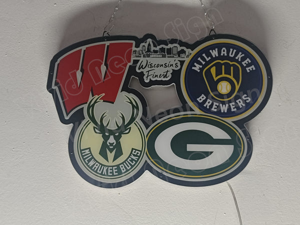 Wisconsin Brewers Bucks Green Bay Packers 2D LED Neon Sign Light Lamp
