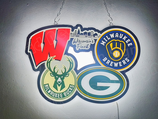 Wisconsin Brewers Bucks Green Bay Packers 2D LED Neon Sign Light Lamp