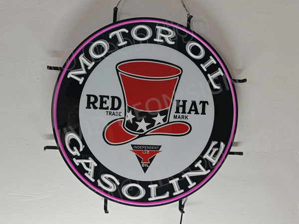 Red Hat Gasoline Oli Gas LED Neon Sign Light Lamp With Dimmer