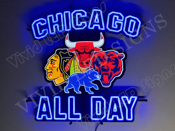 Chicago All Day Bears Cubs Blackhawks Bulls LED Neon Sign Light Lamp