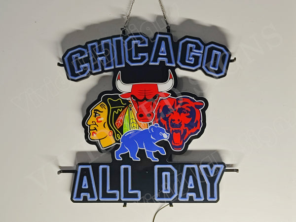 Chicago All Day Bears Cubs Blackhawks Bulls LED Neon Sign Light Lamp