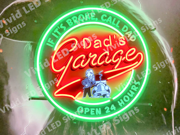 Dad's Garage Auto Bar Open LED Neon Sign Light Lamp