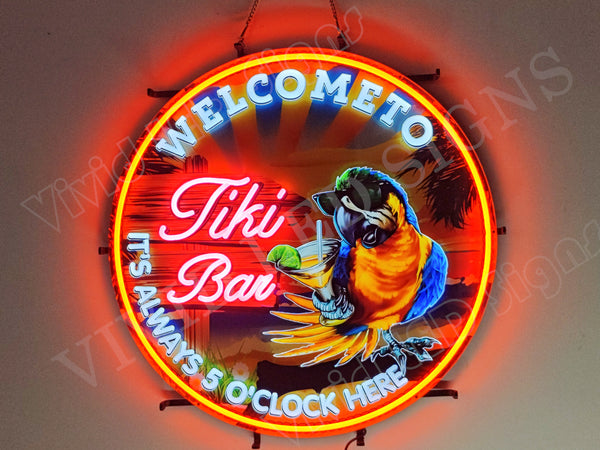 Welcome To  Tiki Bar It's Always 5 O' Clock Here LED Neon Sign Light Lamp