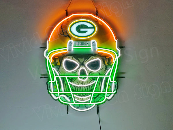 Green Bay Packers Helmet Skull LED Neon Sign Light Lamp With Dimmer