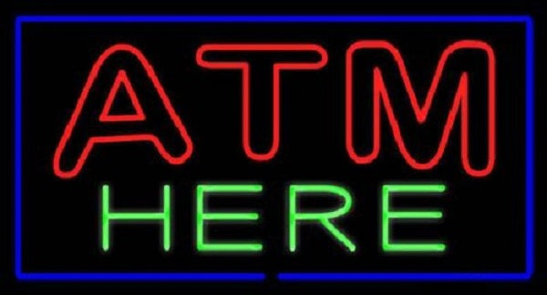 ATM Here Money Neon Light Sign Lamp Real Glass Wall Decor