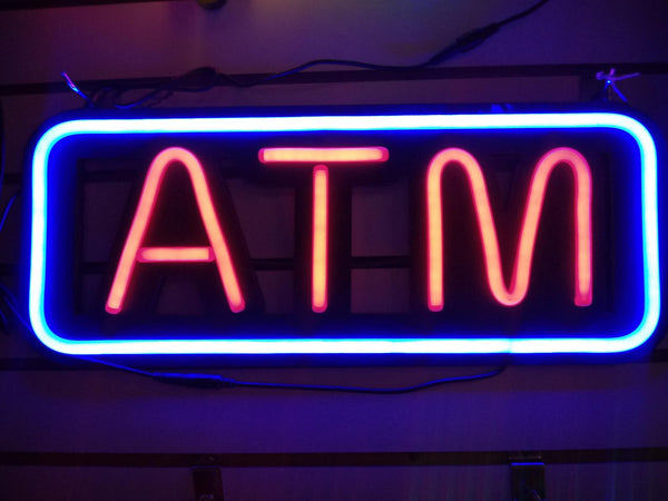 ATM Money Rectangle Neon Light Sign Lamp Real Glass Wall Decor