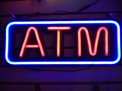 ATM Money Rectangle Neon Light Sign Lamp Real Glass Wall Decor