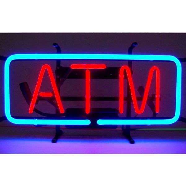 ATM Money Rectangle Neon Light Sign Lamp Real Glass Wall Decor
