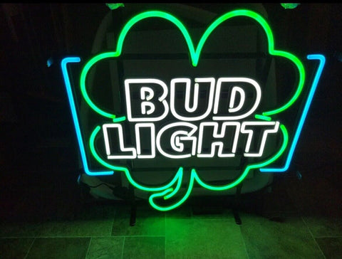 Bud Light Beer Shamrock Clover LED Neon Sign Light Lamp With Dimmer