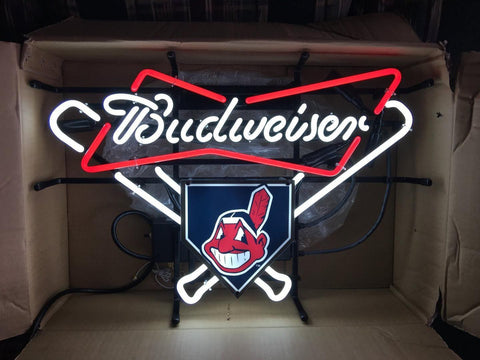 Cleveland Indians Budweiser Bow Tie Beer Bar Neon Sign Light Lamp