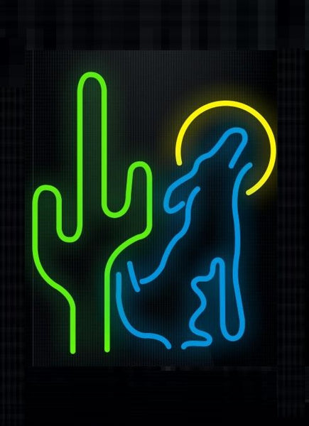 Desert Wolf Cactus Coyote Neon Light Sign Lamp Real Glass Wall Decor