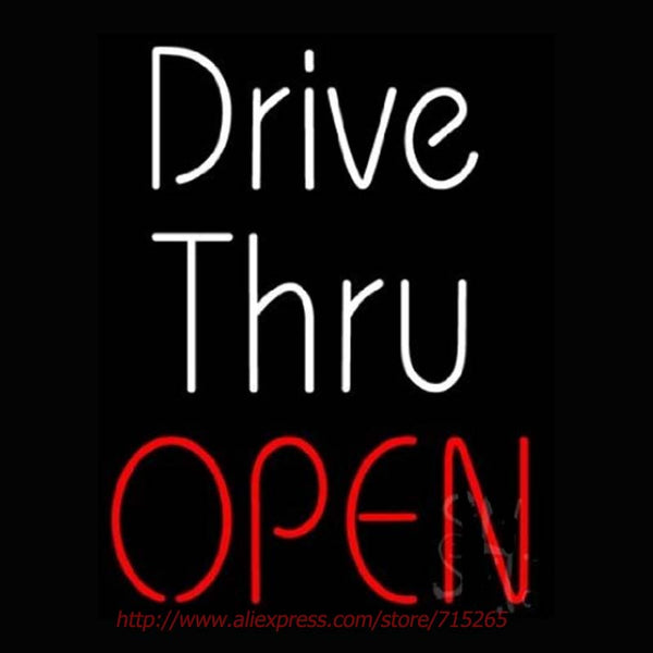White Drive Thru Red Open Neon Light Sign Lamp Real Glass Wall Decor