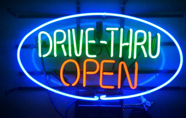Drive Thru Open Neon Light Sign Lamp Real Glass Wall Decor