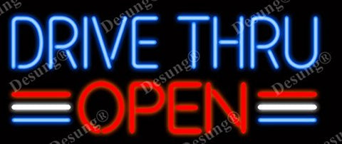 Blue Drive Thru Red Open Neon Light Sign Lamp Real Glass Wall Decor