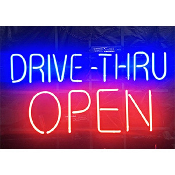 Blue Drive Thru Red Open Neon Light Sign Lamp Real Glass Wall Decor Version II