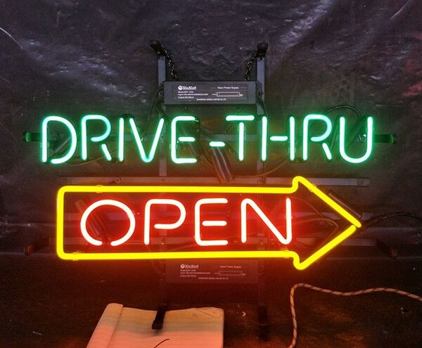 Drive Thru Open Neon Light Sign Lamp Real Glass Wall Decor
