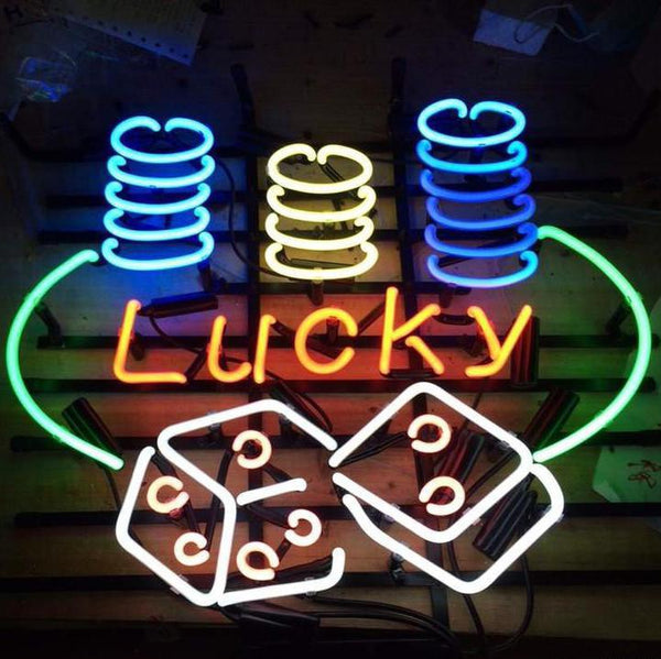 Lucky Casino Jetton Dice Neon Light Sign Lamp Real Glass Wall Decor