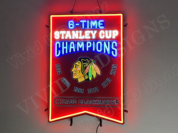 NHL Chicago Blackhawks Stanley Cup 6 Times Champions LED Neon Sign Light Lamp