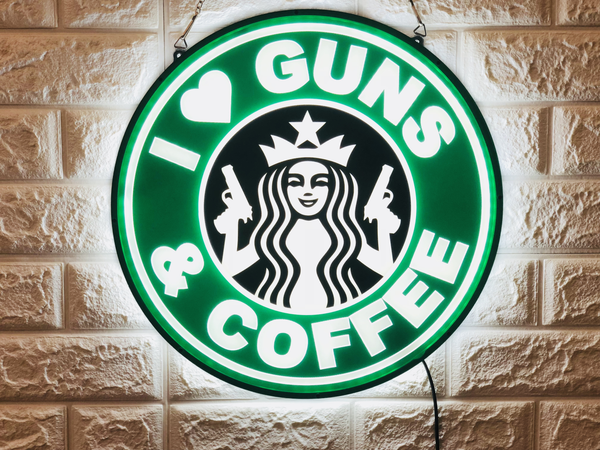 Starbucks I Love Guns & Coffee Cafe 3D LED Neon Sign Light Lamp