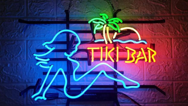 Tiki Bar Mud Flap Girl Palm Tree Neon Light Sign Lamp Real Glass Wall Decor