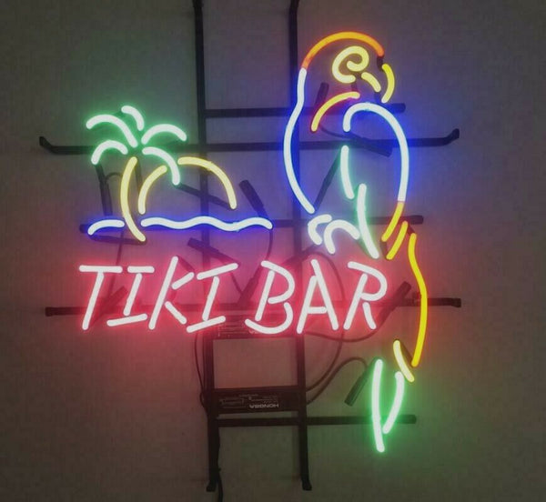 Tiki Bar Parrot Palm Tree Neon Light Sign Lamp Real Glass Wall Decor
