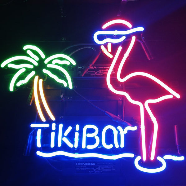 Tiki Bar Pink Flamingo Palm Tree Neon Light Sign Lamp Real Glass Wall Decor