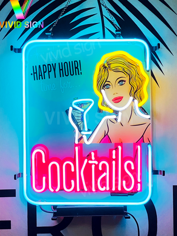 Cocktails Glass Girl Happy Hour Light Lamp Neon Sign with HD Vivid Printing Technology