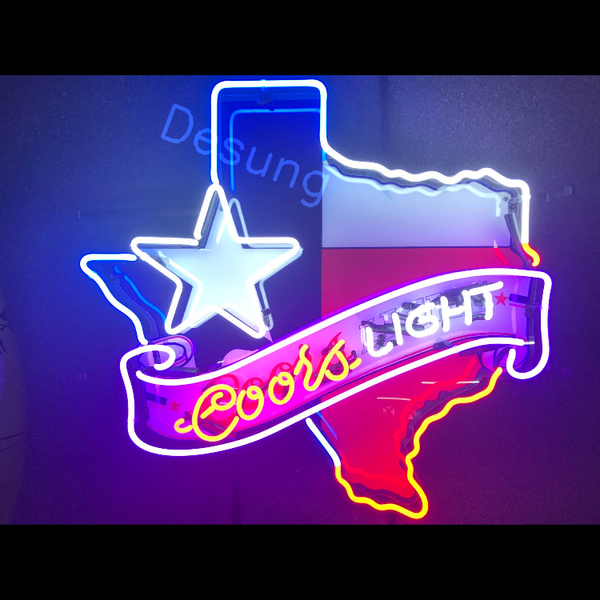 Desung Coors Light Texas Star (Alcohol - Beer) vivid neon sign, front view, turned on