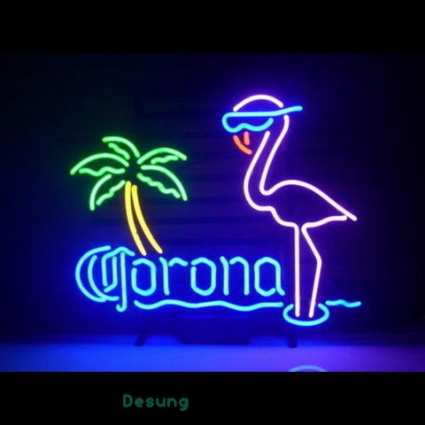 Desung New Corona Beer Pink Flamingo Real Glass Handmade Bar (Alcohol - Beer) Neon Light Sign