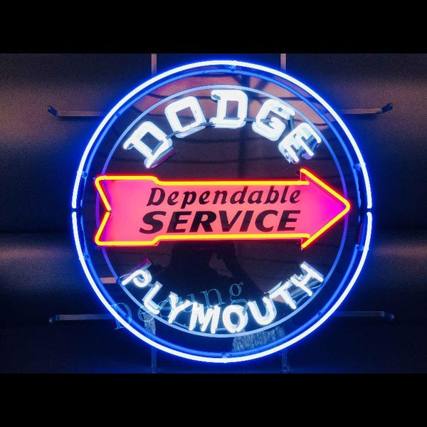 Desung Dodge Dependable Service Plymouth (Auto) vivid neon sign, front view, turned on