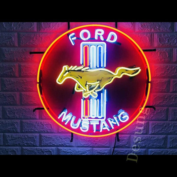 Desung Ford Mustang (Auto) vivid neon sign, front view, turned on