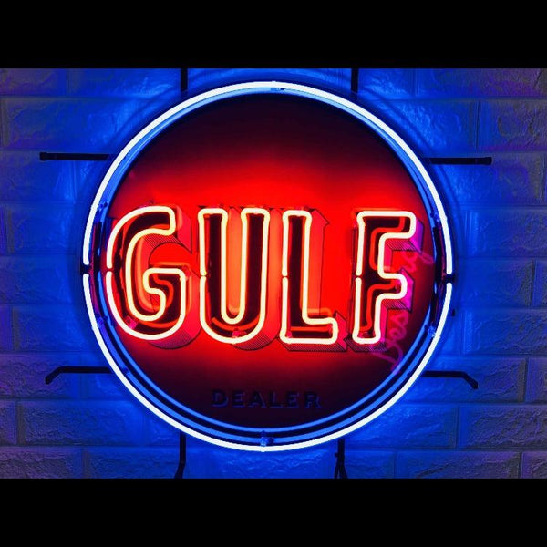 Desung Gulf Gas Gasoline (Business - Gas Station) vivid neon sign, front view, turned on