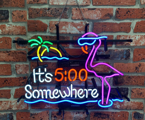 It's 5 00 Somewhere Pink Flamingo Palm Tree Bar Neon Sign Light Lamp