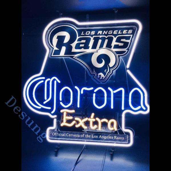 Desung Los Angeles Rams (Sports - Football) Corona Extra (Alcohol - Beer) vivid neon sign, front view, turned on