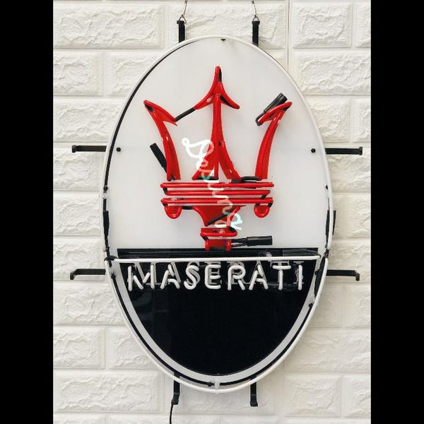 Desung Maserati (Auto) vivid neon sign, front view, turned off