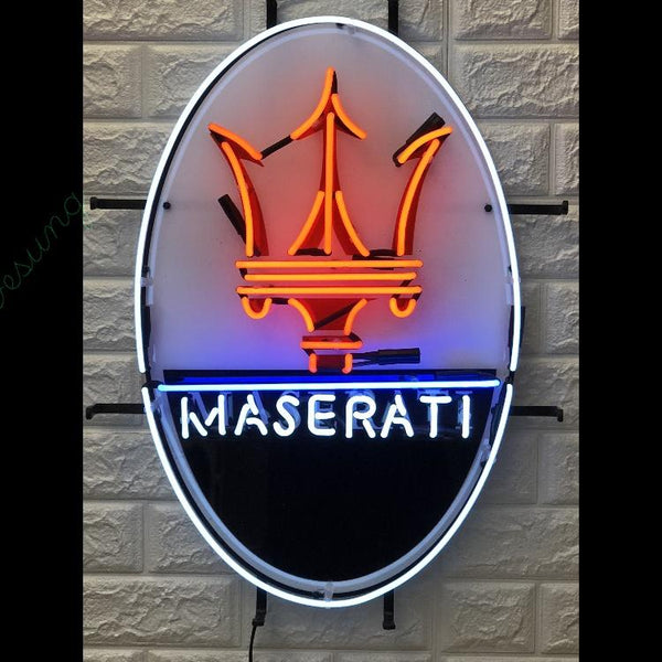 Desung Maserati (Auto) vivid neon sign, front view, turned on