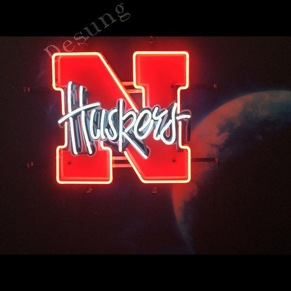 Desung Nebraska Huskers  (Sports - Football) vivid neon sign, front view, turned on