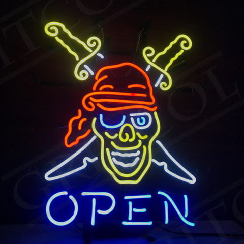 Pirates Skull Tattoo Open  Neon Sign Light Lamp