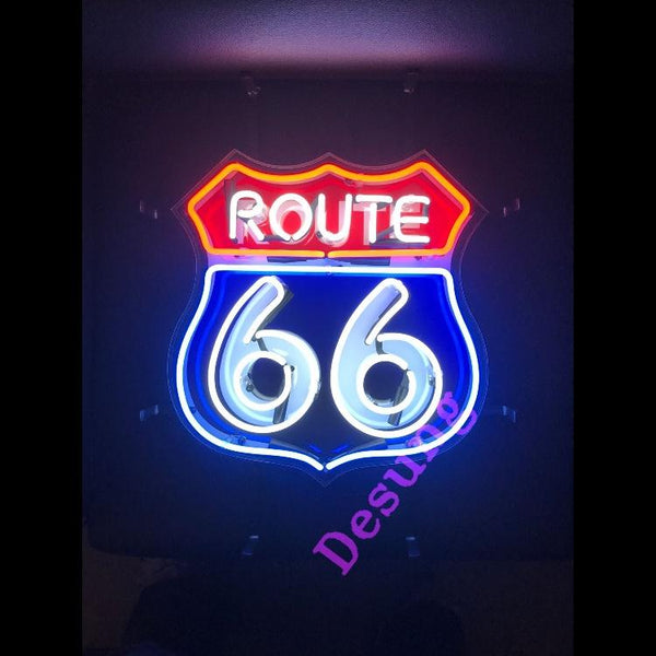 Desung Route 66 (Business - Road) vivid neon sign, front view, turned on