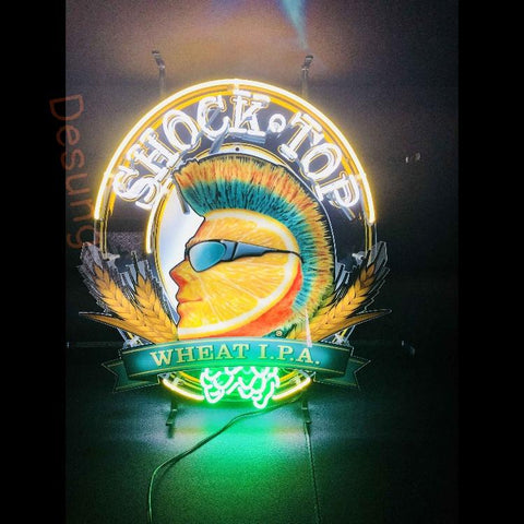 Desung Shock Top Wheat IPA (Alcohol - Beer) vivid neon sign, front view, turned on