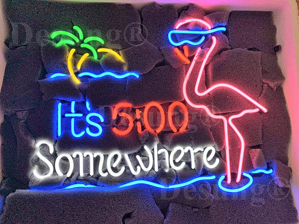 It's 500 5:00 Somewhere Pink Flamingo Palm Tree Neon Sign Light Lamp